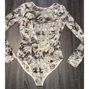 Monaco USA Sheer Mesh Damask Print Long Sleeve Bodysuit Grey Brown Womens Medium